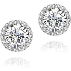 Women's Round Silver Birthstone Elegant Mall Dainty Halo Cubic Zirconia Earring